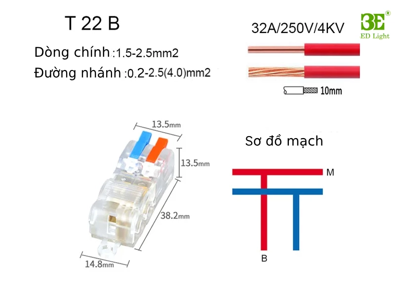 Thông số cút nối dây điện nhanh chữ t